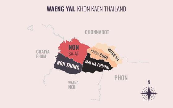 Map showing Waeng Yai District Khon Kaen Thailand divided into sub-districts with minimalist colorful patterns vector