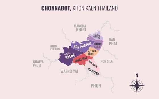 Map showing Chonnabot District Khon Kaen Thailand divided into sub-districts with minimalist colorful patterns vector
