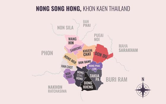 Map showing Nong Song Hong District Khon Kaen Thailand divided into sub-districts with minimalist colorful patterns vector