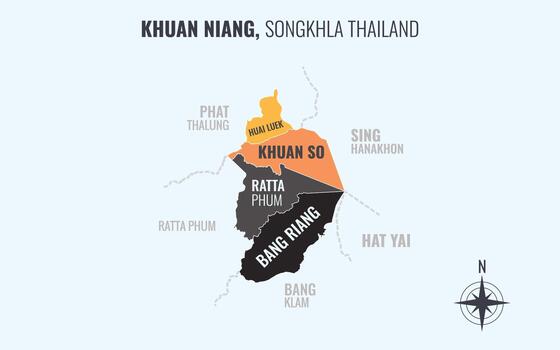 Map showing Khuan Niang District Songkhla Thailand divided into sub-districts with minimalist colorful patterns vector