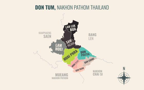 Map showing Don Tum District Nakhon Pathom Thailand divided into sub-districts with minimalist colorful patterns vector