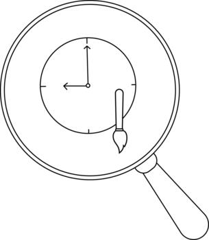 A magnifying glass focuses on a clock face with a paintbrush obscuring part of it vector