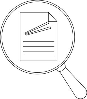 Outlined magnifying glass focusing on a paper document with lines and top corner fold simple drawing vector