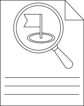 A document with a turned corner has a magnifying glass over a flag inside a hole with three lines for text vector