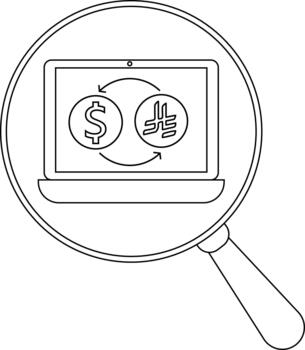 A magnifying glass focuses on a laptop screen displaying a currency exchange between a dollar sign and an unknown symbol vector