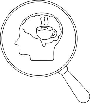 A magnifying glass showing a profile head with a brain containing a coffee cup with a heart and steam vector