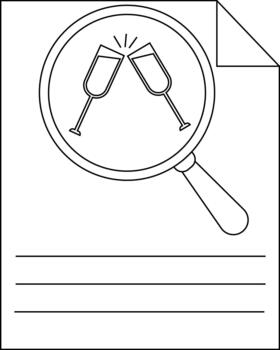 A document shows a magnifying glass over two clinking champagne glasses Three lines are at the bottom vector