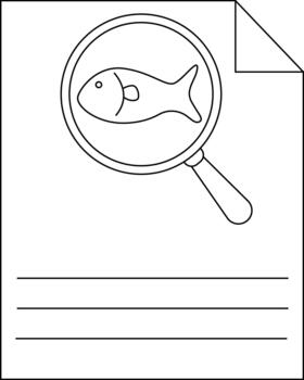 A document with a fish under a magnifying glass positioned above three lines vector