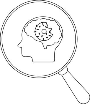 Magnifying glass over a head outline with a donut for a brain displaying a bite taken vector