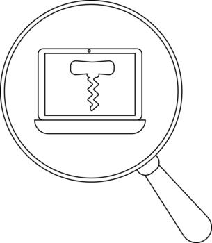 A magnifying glass focuses on a laptop screen displaying a corkscrew vector