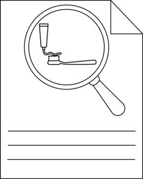 A paper shows toothpaste on a toothbrush under a magnifying glass with lines below for writing vector