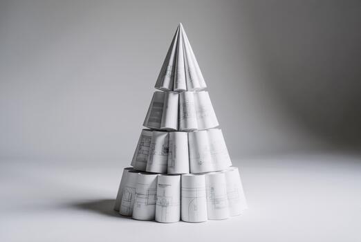 Creative Christmas tree made from stacked rolled blueprints on gray background, architecture holiday concept photo