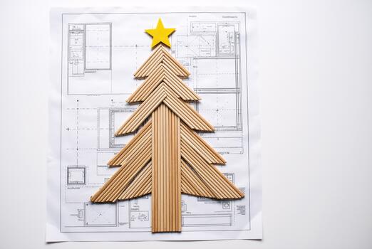 Christmas tree shape crafted from pencils and ruler on top of architectural plans, festive creative layout photo