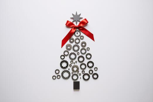 Nuts and bolts stacked into a festive Christmas tree shape with bright red topper, mechanical holiday concept photo