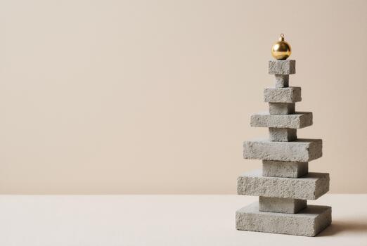 Concrete blocks stacked into a simple Christmas tree shape with a gold ornament on top, clean modern holiday look photo