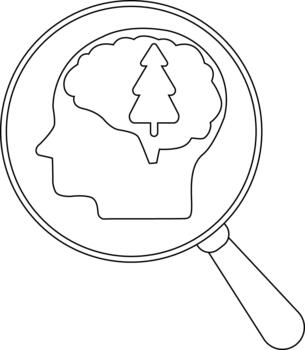 un negro y blanco línea dibujo muestra un cabeza perfil con un pino árbol dentro el cerebro visto mediante un aumentador vaso vector