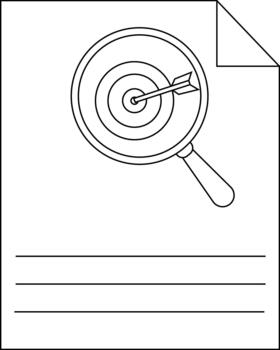 Sheet with a magnifying glass focusing on a target with an arrow hitting the center vector