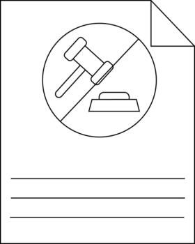 A document featuring a circled gavel crossed out three lines below and a folded top right corner vector
