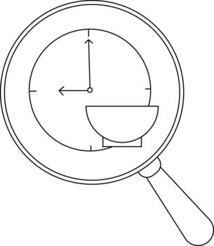 A magnifying glass showcases a clock with a bowl obscuring its face all in a simple line drawing vector