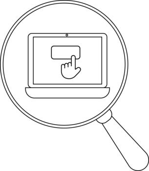 Magnifying glass highlights a laptop with a hand cursor on a button vector