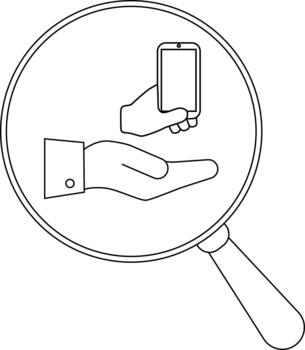 A magnifying glass focuses on a hand holding a smartphone above another open hand vector