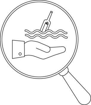 A magnifying glass focuses on a hand holding a bottle with a scroll floating on waves vector