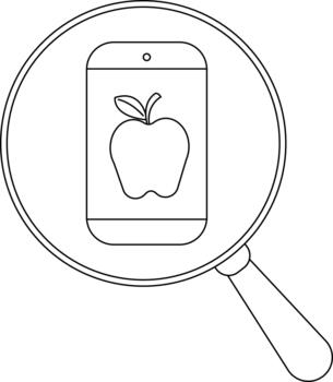 Line drawing of a magnifying glass focusing on a smartphone displaying an apple image vector