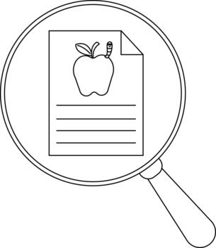 Magnifying glass focuses on a document with an apple worm and text lines vector