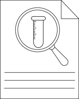 A document displays a magnifying glass over a test tube with lines for writing below vector