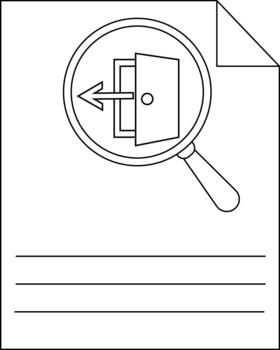 Black and white drawing shows a magnifying glass focusing on an exit symbol on a document with lines vector