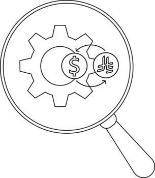 A magnifying glass focuses on a gear with a dollar sign exchanging with an unknown currency symbol vector