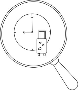 A magnifying glass shows a suitcase with a clock face behind it vector