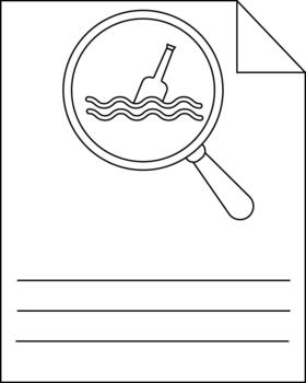 aumentador vaso revela un botella a flote en un documento con líneas para texto vector