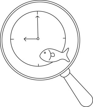A magnifying glass reveals a clock showing eight oclock with a fish symbol nestled inside the clock face vector