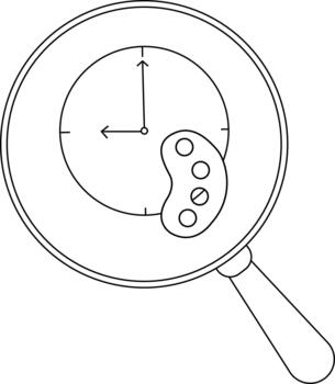 A magnifying glass reveals a clock face and a palette with four circles suggesting a color selection vector