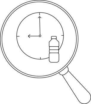 A magnifying glass frames a clock showing 900 with a bottle inside the clock face vector