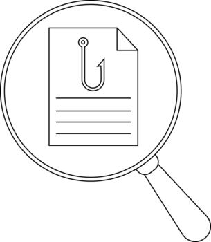 A magnifying glass reveals a document marked with a fish hook icon and horizontal lines vector