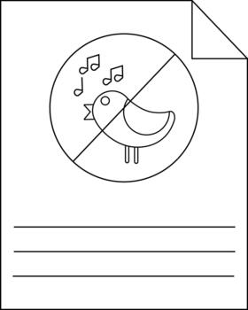 A blackandwhite sign depicting a bird with music notes crossed out on a paper with lines below vector