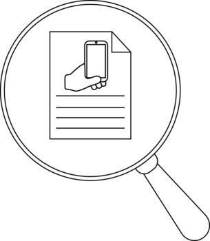Magnifying glass focuses on a document with lines and a hand holding a smartphone vector