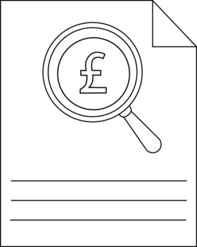 Document with pound sterling symbol under magnifying glass lines below corner fold vector