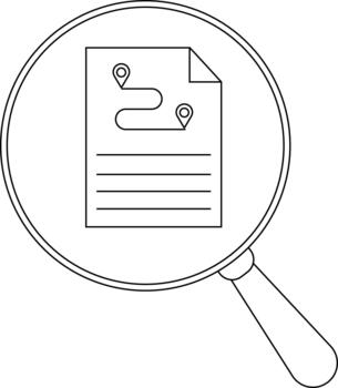 A magnifying glass focuses on a paper with a route map lines vector