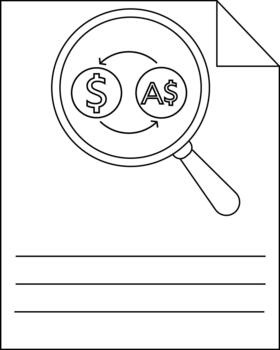 A paper with a magnifying glass viewing currency exchange between dollars Australian dollars with space for notes vector