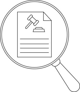 A magnifying glass focuses on a document featuring a gavel and lines of text vector