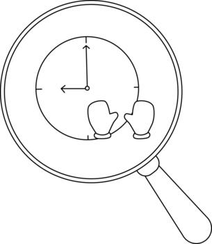 Magnifying glass over a clock face with mittens hands at 9 and 12 vector