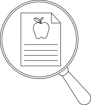 un aumentador vaso se enfoca en un documento presentando un manzana ilustración y horizontal líneas vector