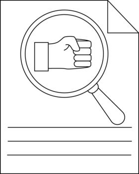 A document with lines and a magnifying glass on top showing a clenched hand vector