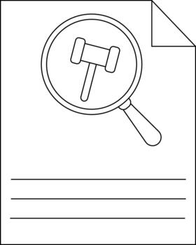 A document with a magnifying glass focusing on a gavel Three lines are visible at the bottom vector
