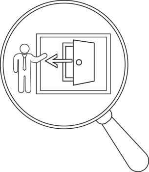 A magnifying glass focuses on a man pointing to an open door with an arrow vector