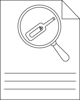 un dibujo de un documento con un aumentador vaso terminado un mensaje en un botella vector
