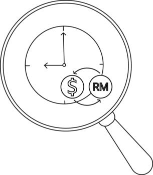 A magnifying glass highlights a clock face with USD and MYR currency symbols rotating vector